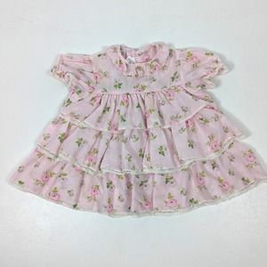 Vintage Dress Girls Size 12-18m Pink Floral Tiered Spring Frilly Party